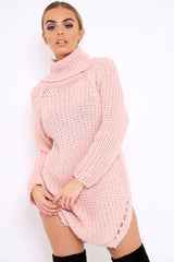Rose Chunky Knit Roll Neck Cut Out Hem Jumper Dress - Catalina-Dresses