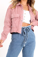 Rose Corduroy Crop Trucker Jacket - Tiah-Jackets