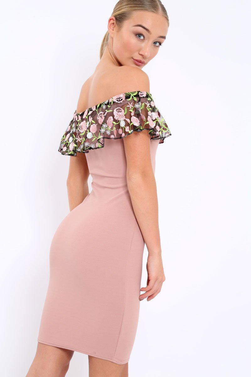 Rose Embroidered Bardot Bodycon Dress - Jaxie-Dresses