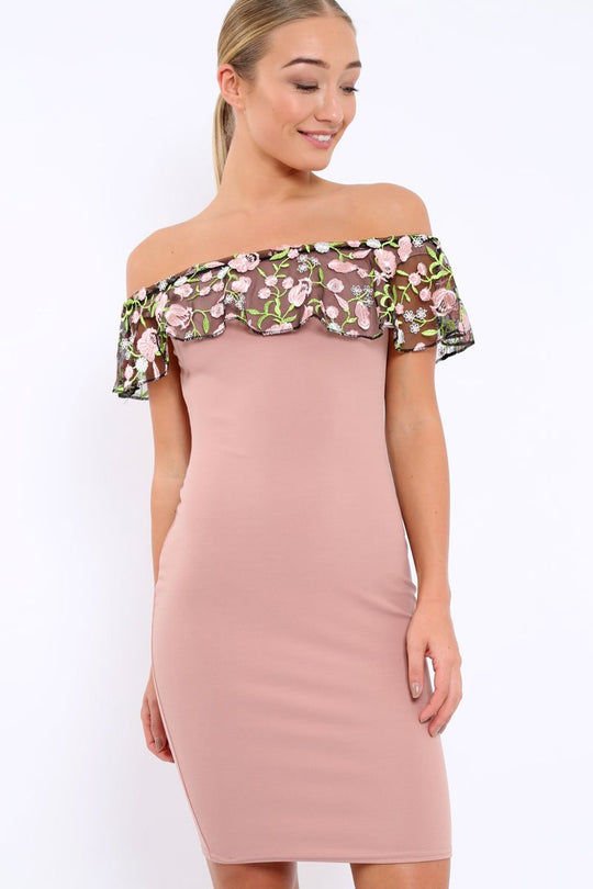 Rose Embroidered Bardot Bodycon Dress - Jaxie
