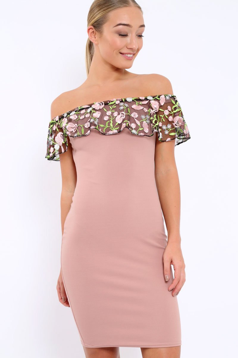 Rose Embroidered Bardot Bodycon Dress - Jaxie-Dresses
