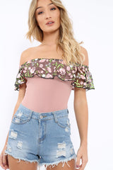 Rose Embroidered Bardot Bodysuit - Diya-Bodysuits