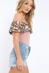 Rose Embroidered Bardot Bodysuit - Diya-Bodysuits