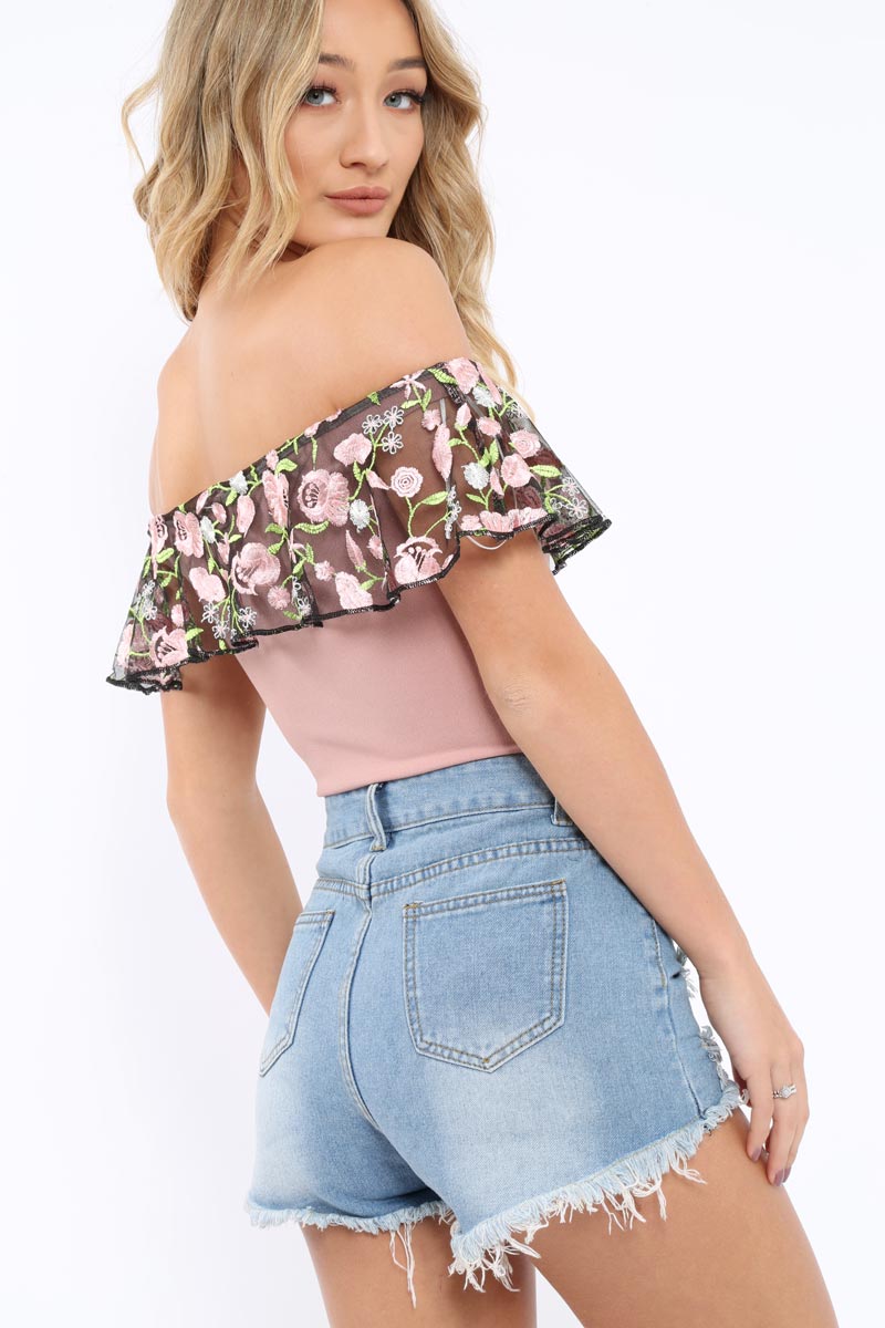 Rose Embroidered Bardot Bodysuit - Diya-Bodysuits