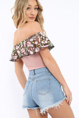 Rose Embroidered Bardot Bodysuit - Diya-Bodysuits