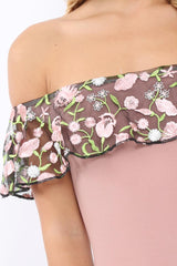 Rose Embroidered Bardot Bodysuit - Diya-Bodysuits