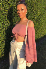 Rose Extreme Flared Sleeved Crop Top - Dalis-Tops