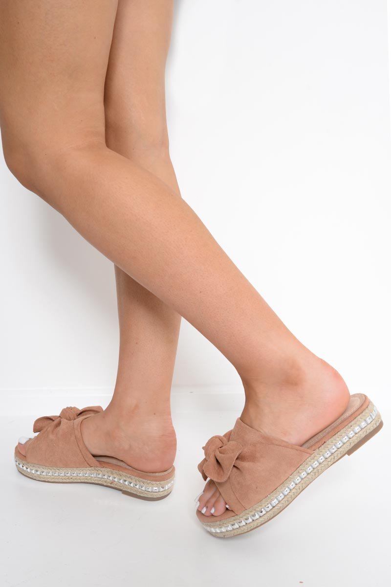 Rose Faux Suede Bow Studded Sandals - Lexine-Sliders