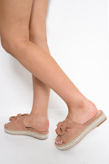 Rose Faux Suede Bow Studded Sandals - Lexine-Sliders