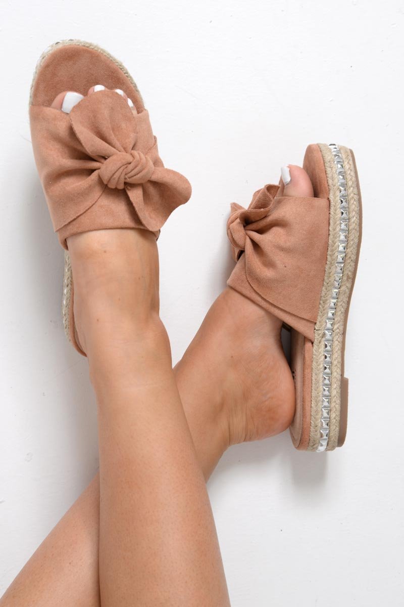 Rose Faux Suede Bow Studded Sandals - Lexine-Sliders