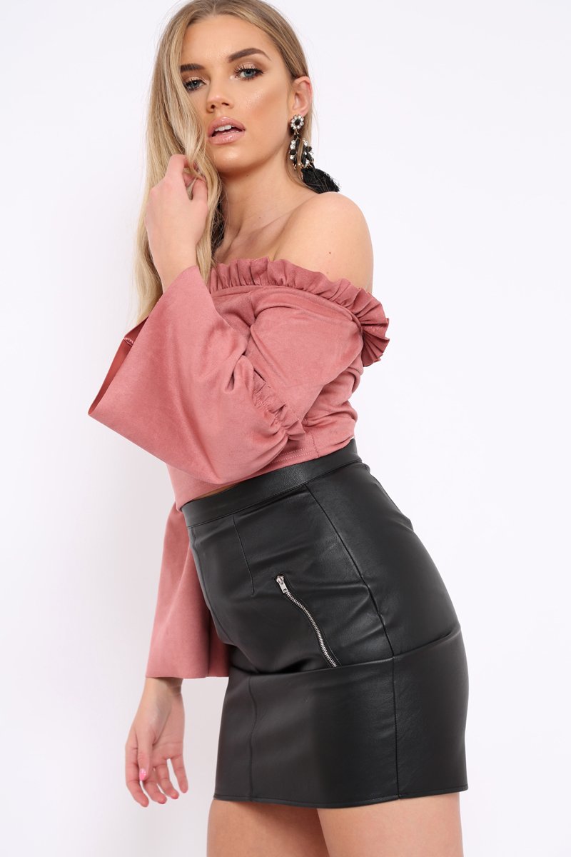 Rose Faux Suede Crop Bardot Top - Torri-Crop Tops