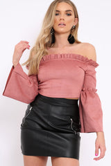 Rose Faux Suede Crop Bardot Top - Torri-Crop Tops
