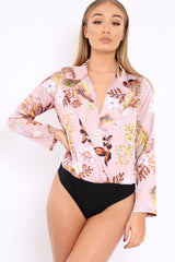 Rose Floral Plunge Satin Bodysuit - Rebeka-Bodysuits