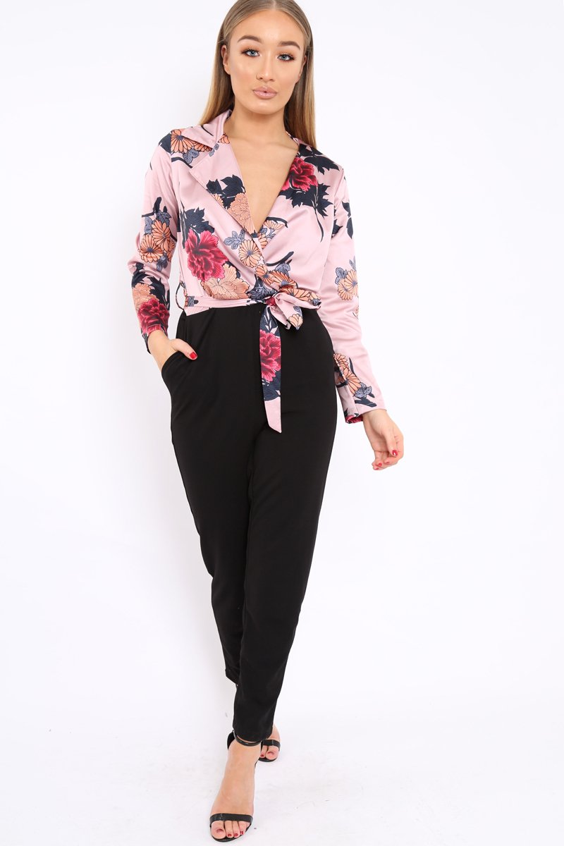 Rose Floral Plunge Satin Wrap Front Jumpsuit - Talulah-Jumpsuits
