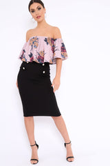 Rose Floral Print Bardot Crop Top - Jeorgia-Crop Tops