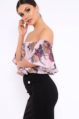 Rose Floral Print Bardot Crop Top - Jeorgia-Crop Tops