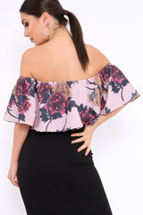 Rose Floral Print Bardot Crop Top - Jeorgia-Crop Tops