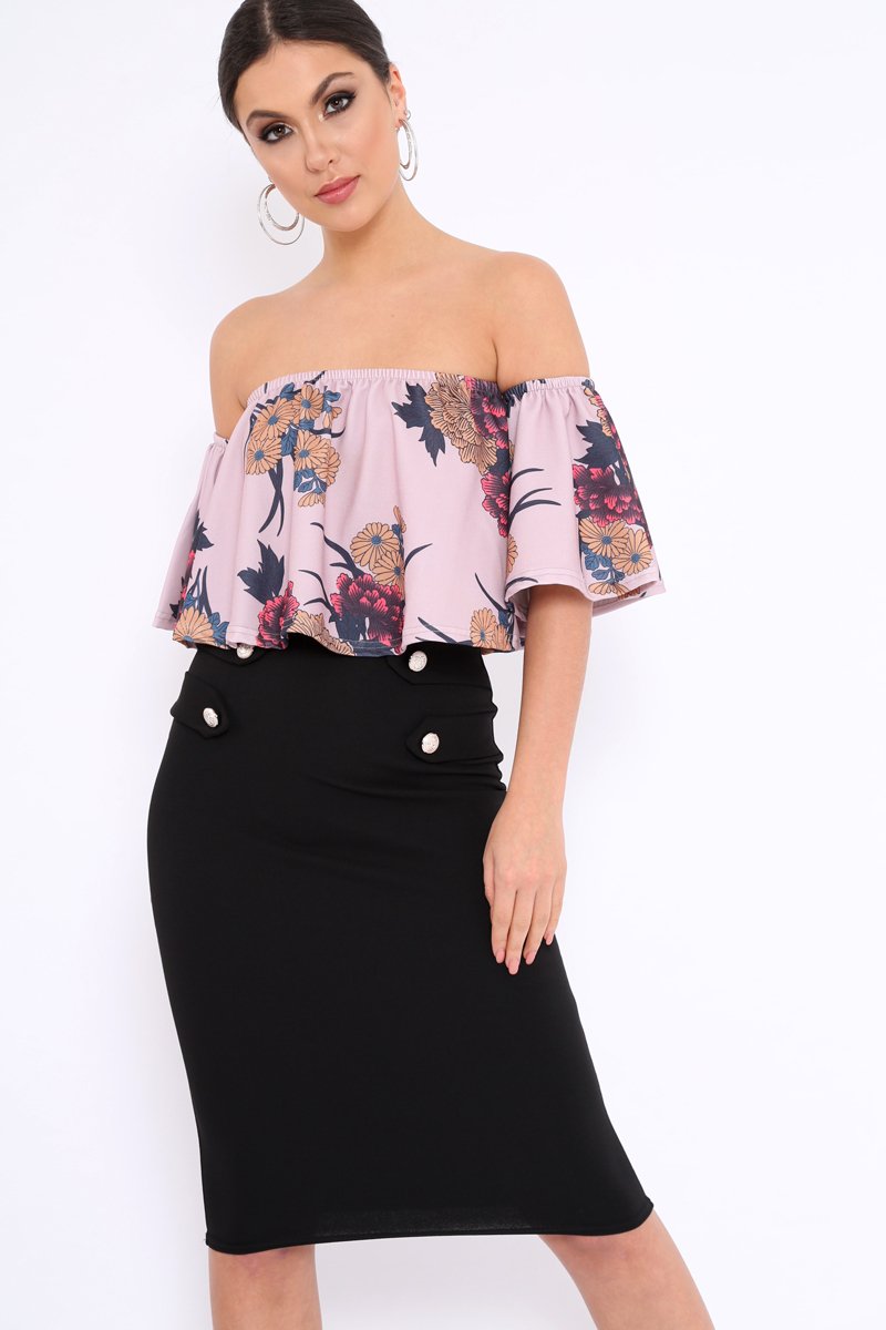 Rose Floral Print Bardot Crop Top - Jeorgia-Crop Tops