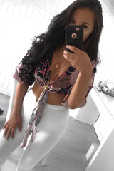 Rose Floral Print Satin Tie Crop Top - Kynslee-Crop Tops
