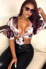 Rose Floral Print Satin Tie Crop Top - Kynslee-Crop Tops