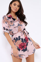 Rose Floral Satin Shirt Tie Dress - Sophina-Dresses