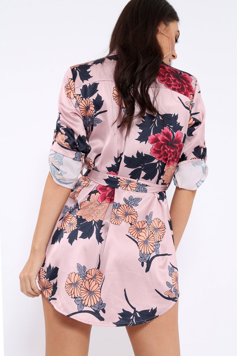 Rose Floral Satin Shirt Tie Dress - Sophina-Dresses