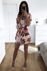 Rose Floral Satin Shirt Tie Dress - Sophina-Dresses