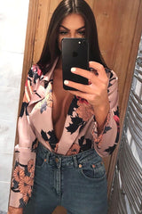 Rose Flower Print Plunge Satin Bodysuit - Madelynn-Bodysuits