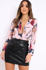 Rose Flower Print Plunge Satin Bodysuit - Madelynn-Bodysuits