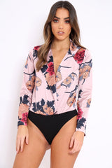 Rose Flower Print Plunge Satin Bodysuit - Madelynn-Bodysuits
