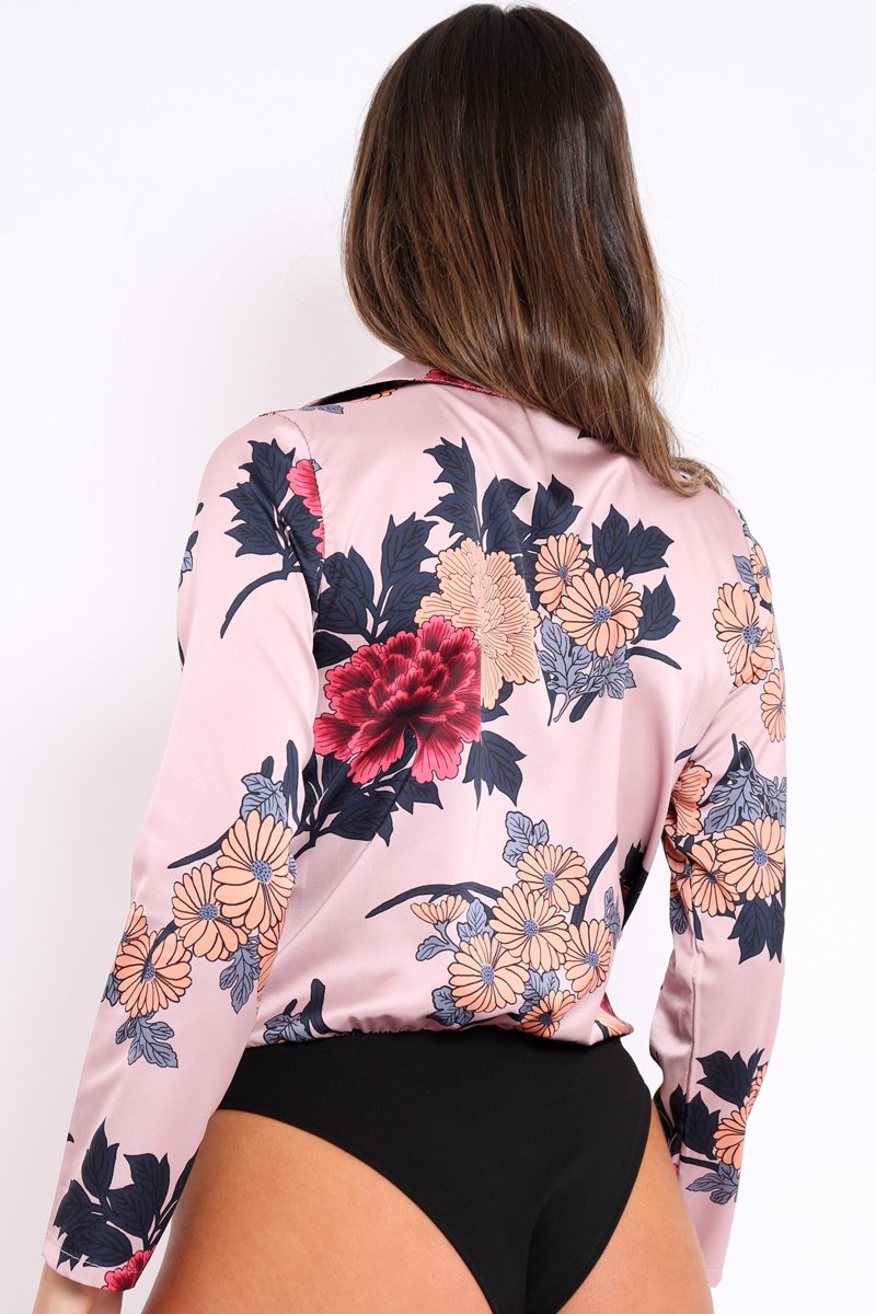 Rose Flower Print Plunge Satin Bodysuit - Madelynn-Bodysuits