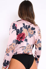 Rose Flower Print Plunge Satin Bodysuit - Madelynn-Bodysuits