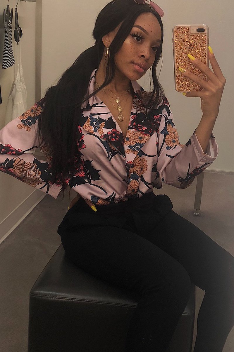Rose Flower Print Plunge Satin Bodysuit - Madelynn-Bodysuits