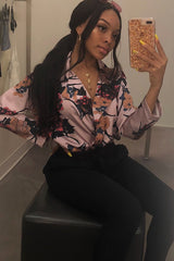 Rose Flower Print Plunge Satin Bodysuit - Madelynn-Bodysuits