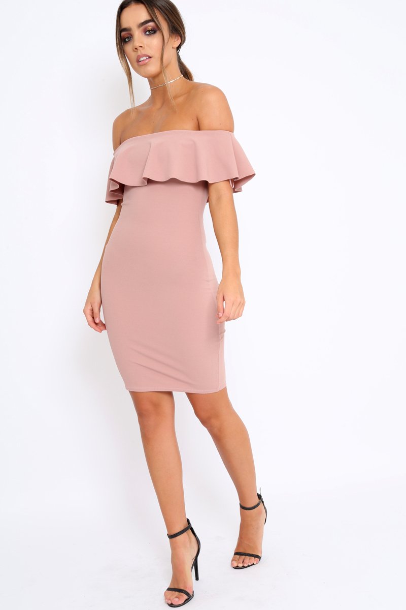 Rose Frill Bardot Midi Dress - Bridget-Dresses