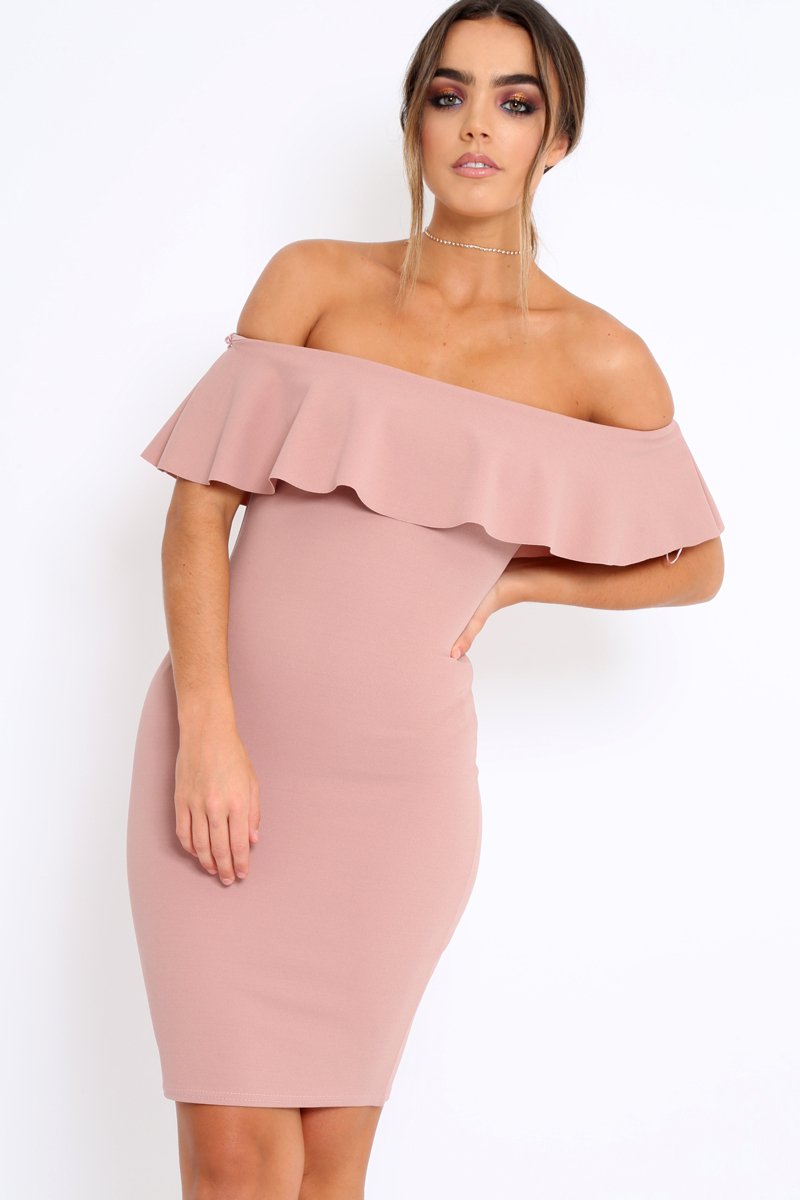 Rose Frill Bardot Midi Dress - Bridget-Dresses