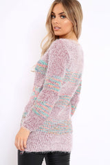 Rose Fur Knit Jumper with colourful stripe detail - Anabella-Jumper