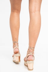 Rose Gold Diamante Detail Woven Insert Lace Up Wedges - Avril-Wedges