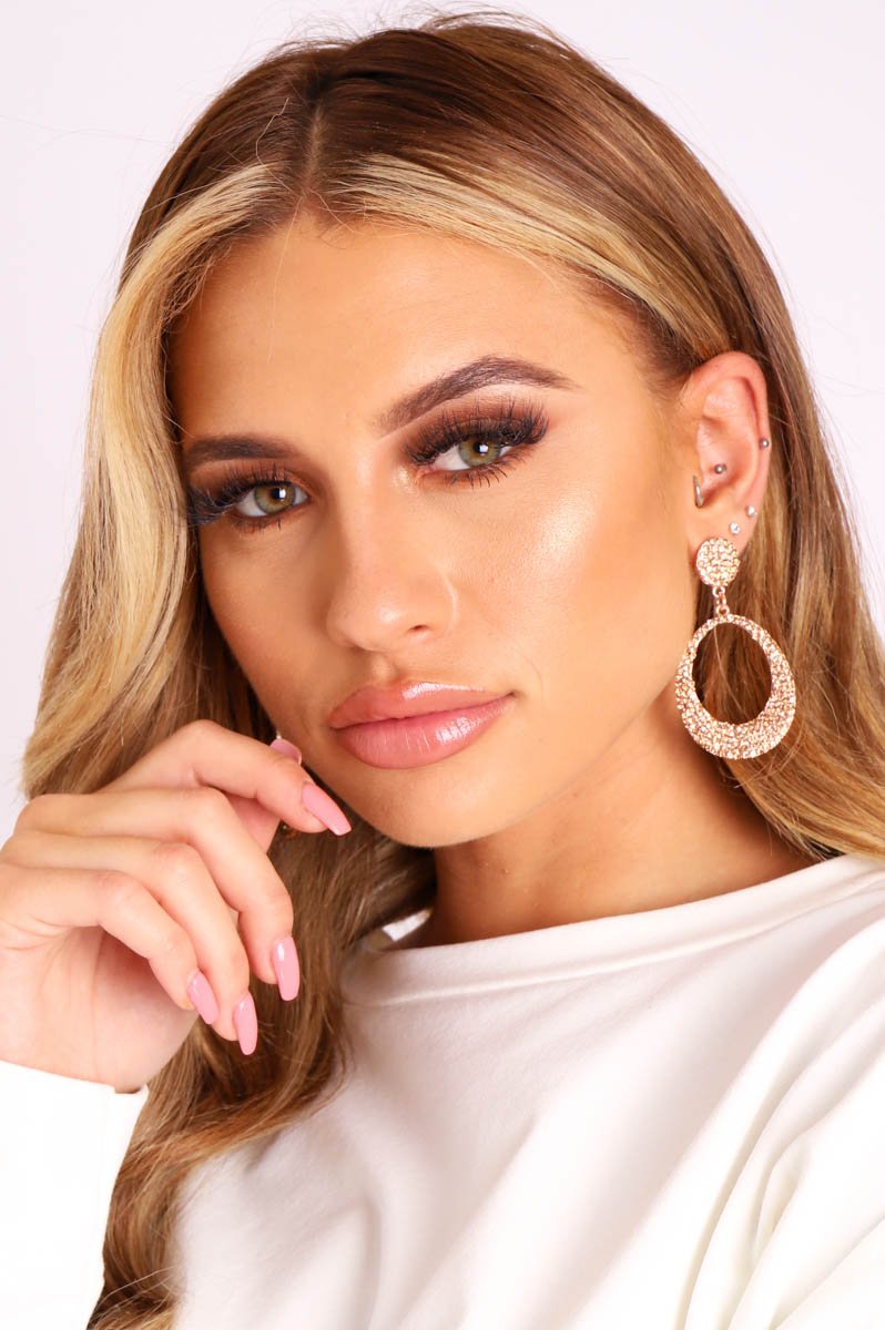 Rose Gold Diamante Drop Hoop Earrings - Vikki-Jewellery