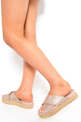 Rose Gold Diamante Flatform Sliders - Clydie-Sliders