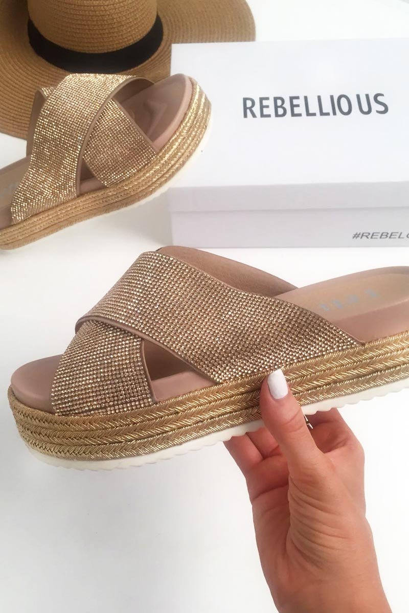 Rose Gold Diamante Flatform Sliders - Clydie-Sliders