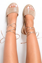 Rose Gold Diamante Lace Up Flatform Sandals - Abryella-Sandals