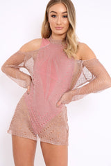 Rose Gold Distressed Cold Shoulder Knitted Dress - Lyndon-Dresses