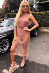 Rose Gold Distressed Knitted Midi Dress - Natalia-Dresses