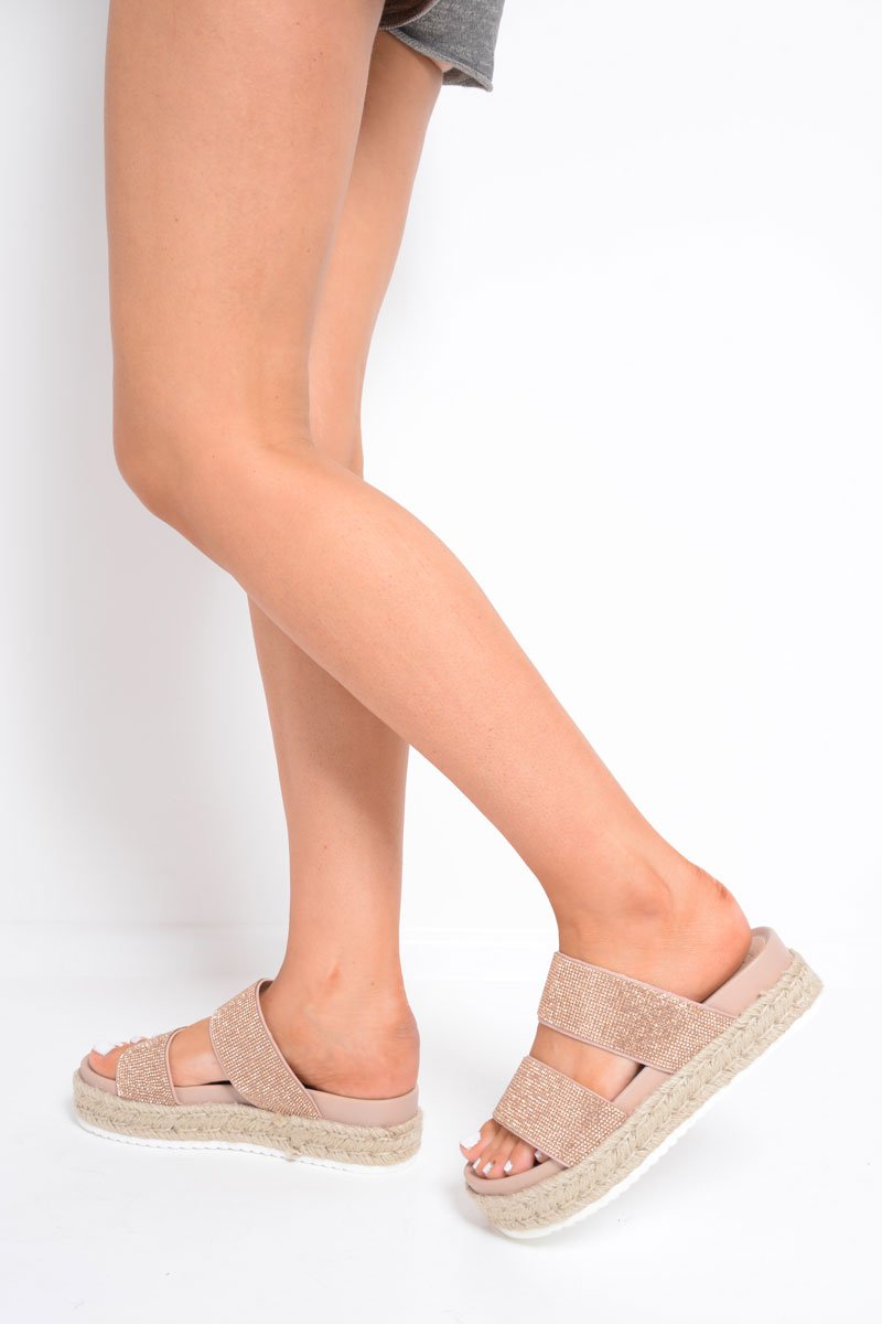 Rose Gold Double Diamante Flatform Sliders - Thaily-Sliders