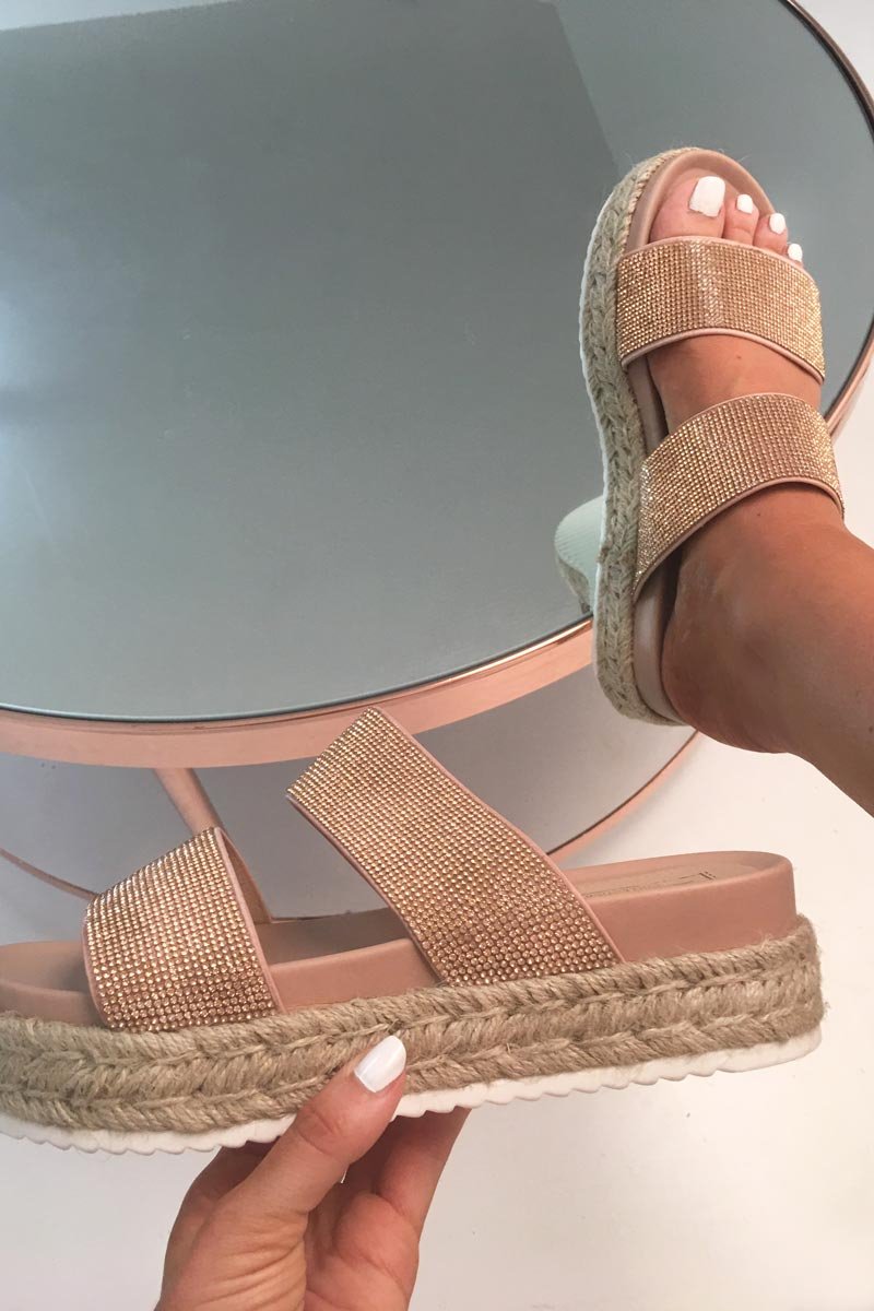 Rose Gold Double Diamante Flatform Sliders - Thaily-Sliders