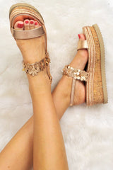 Rose Gold Flower Flatform Ankle Strap Sandals - Rylen-Sandals