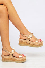 Rose Gold Flower Flatform Ankle Strap Sandals - Rylen-Sandals