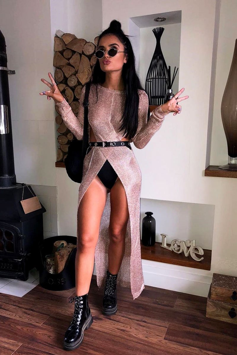 Rose Gold Knitted Cut Out Midi Dress - Loria Rose Gold Knitted Cut Out Midi Dress - Loria
