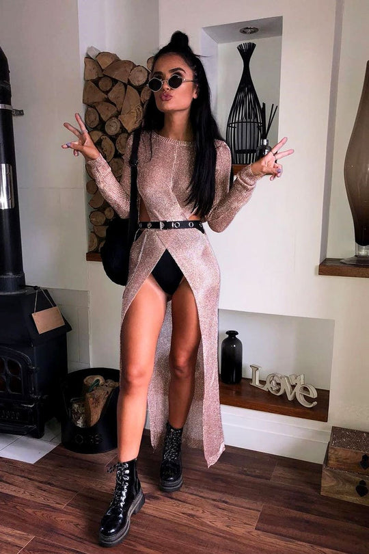 Rose Gold Knitted Cut Out Midi Dress - Loria